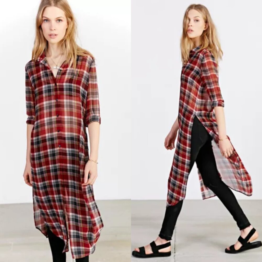 BDG Long Plaid Button-Down Shirt / Tunic / Duster